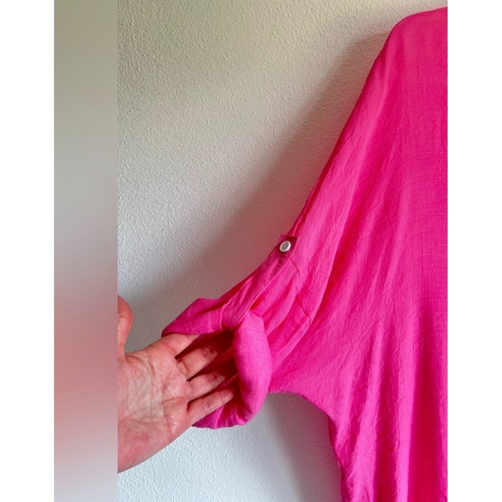 Anna-Kaci Hot Pink Button Down Boyfriend Shirt Roll Tab Coverup Blouse Size L - Picture 3 of 8